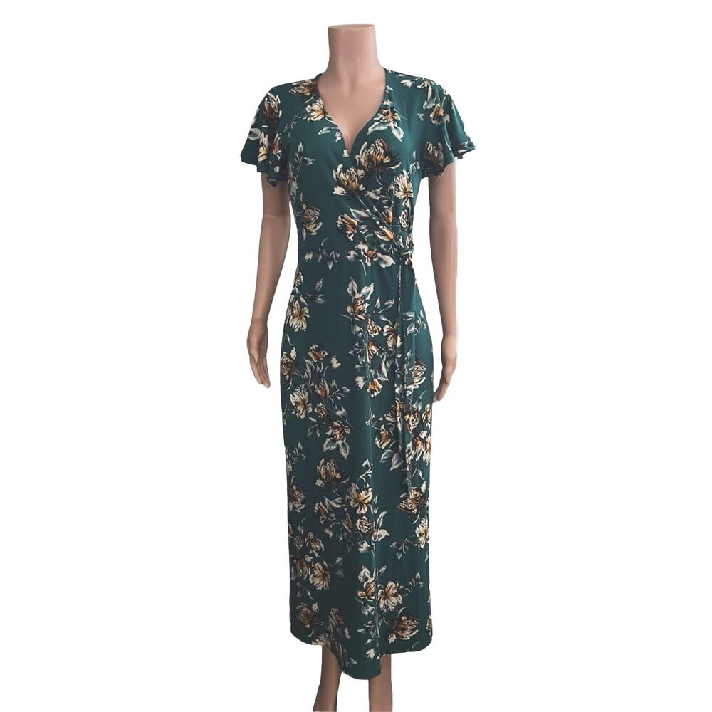 Fortune + Ivy Dress Womens Large Green Floral Short Sleeve V-Neck Side Tie